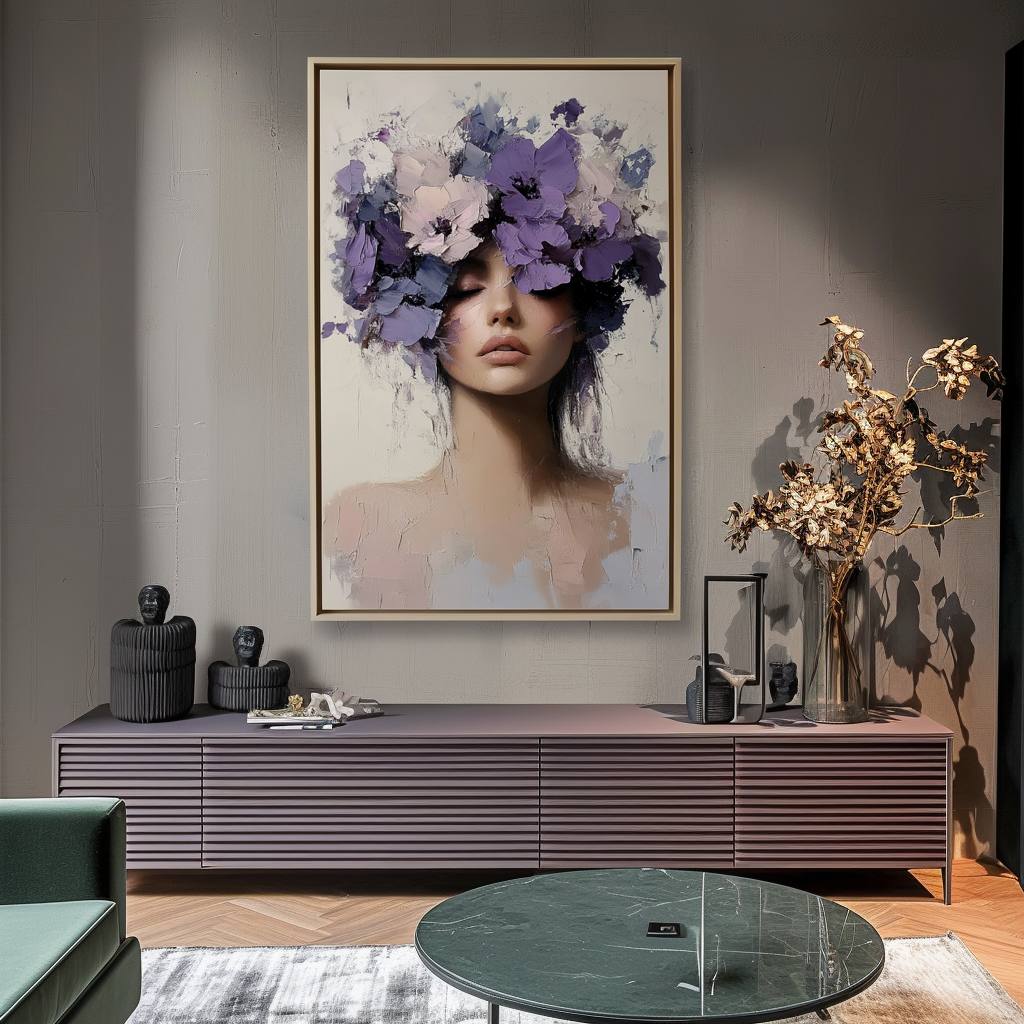 Petals of Silence-Impressionist Floral Portrait Oil Painting: Textured Purple - Blossom Wall Art for Elegant Interiors