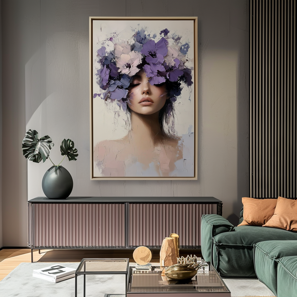 Petals of Silence-Impressionist Floral Portrait Oil Painting: Textured Purple - Blossom Wall Art for Elegant Interiors