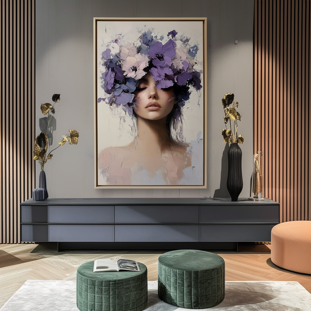 Petals of Silence-Impressionist Floral Portrait Oil Painting: Textured Purple - Blossom Wall Art for Elegant Interiors