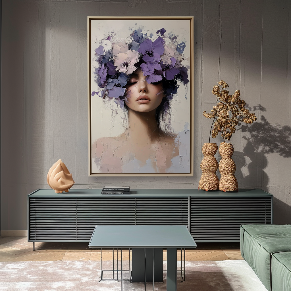 Petals of Silence-Impressionist Floral Portrait Oil Painting: Textured Purple - Blossom Wall Art for Elegant Interiors