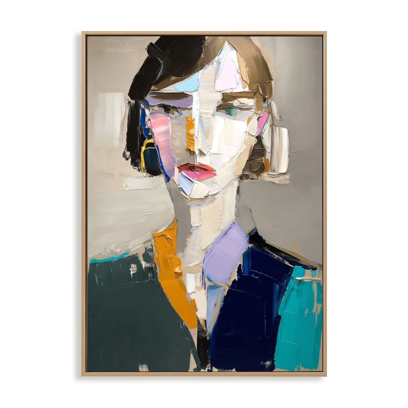 Abstract portrait of a woman with bold palette knife strokes and geometric features on canvas.