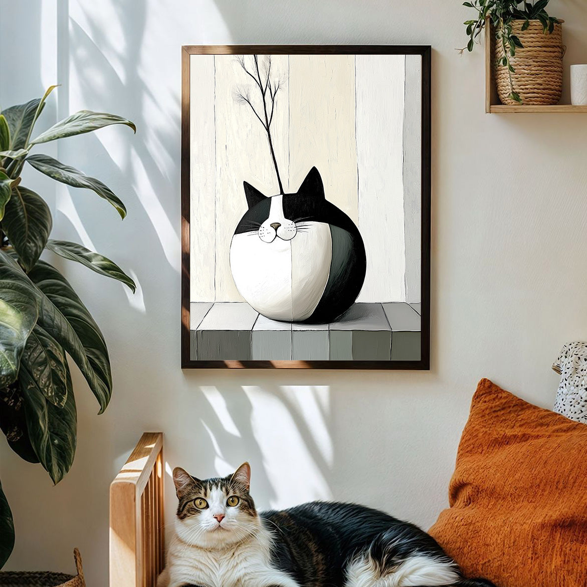 Purrcelain - Minimalist Cat Vase Painting Round Abstract Cat with Dried Flower Decor