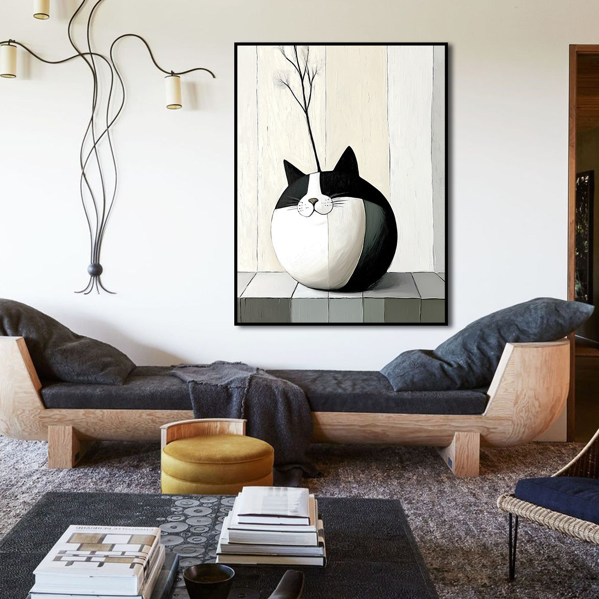 Purrcelain - Minimalist Cat Vase Painting Round Abstract Cat with Dried Flower Decor