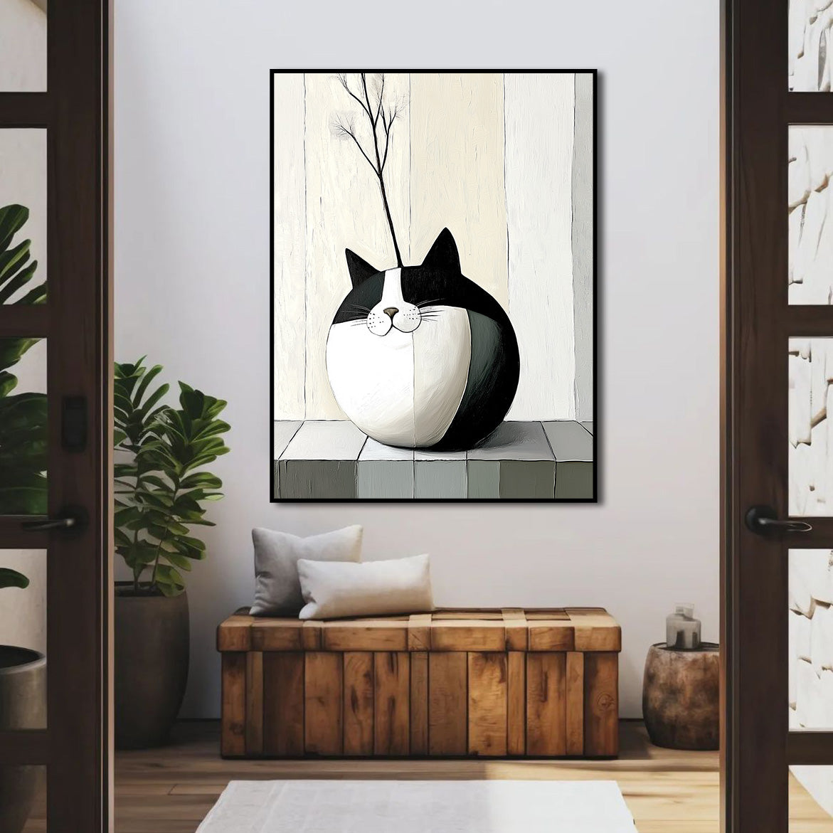 Purrcelain - Minimalist Cat Vase Painting Round Abstract Cat with Dried Flower Decor