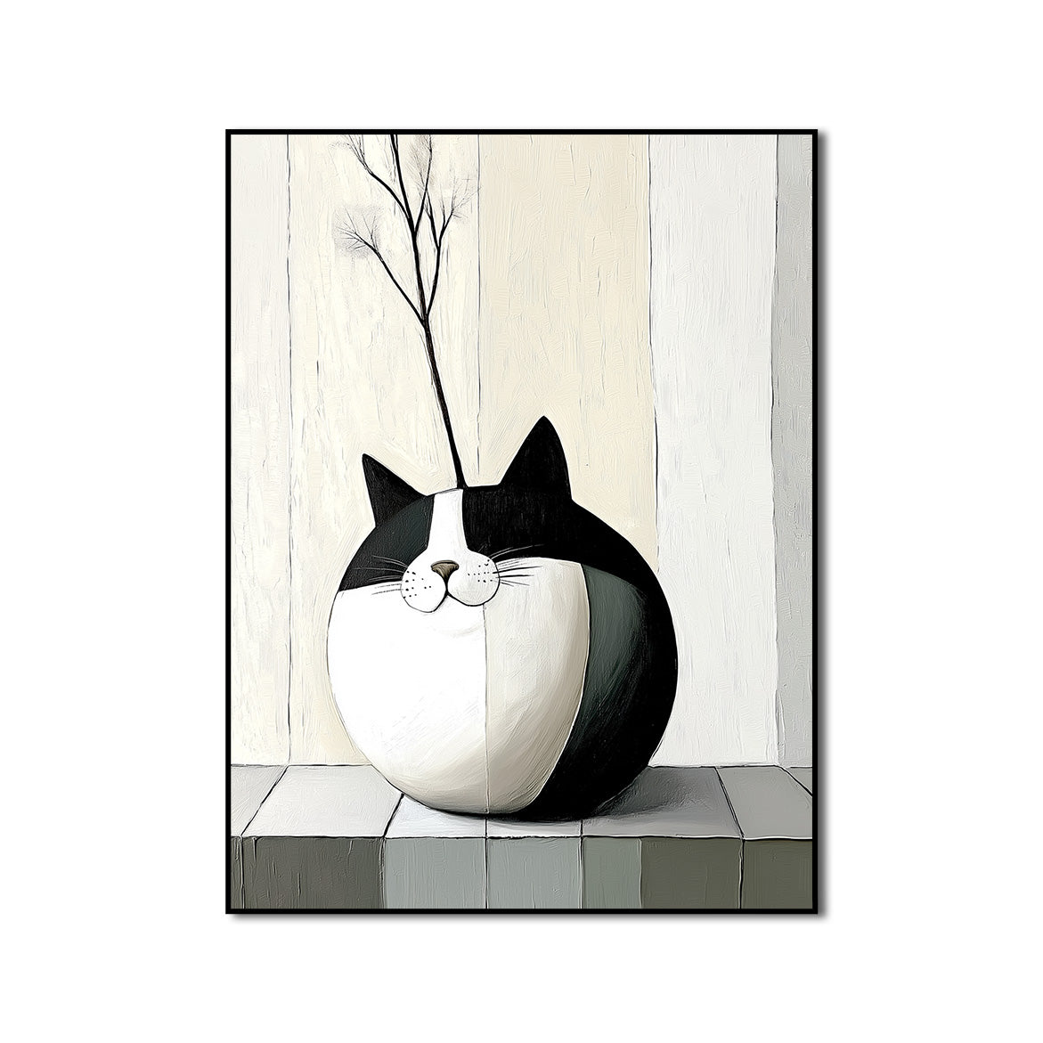 Purrcelain - Minimalist Cat Vase Painting Round Abstract Cat with Dried Flower Decor