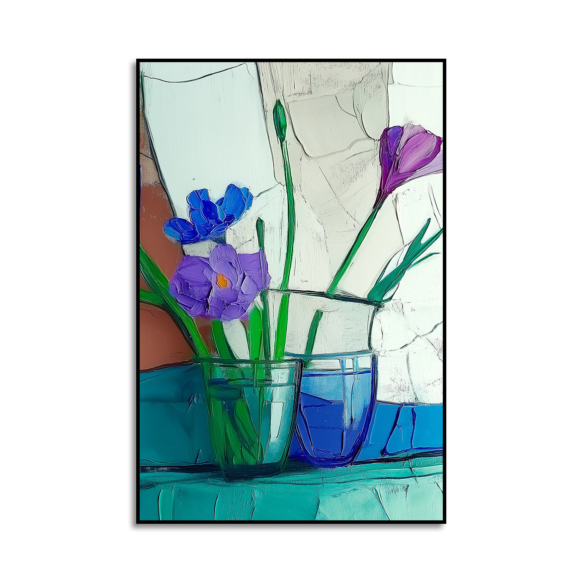 Quiet Arrangement - Blue and Purple Floral Still Life Minimalist Glass Vase Oil Painting