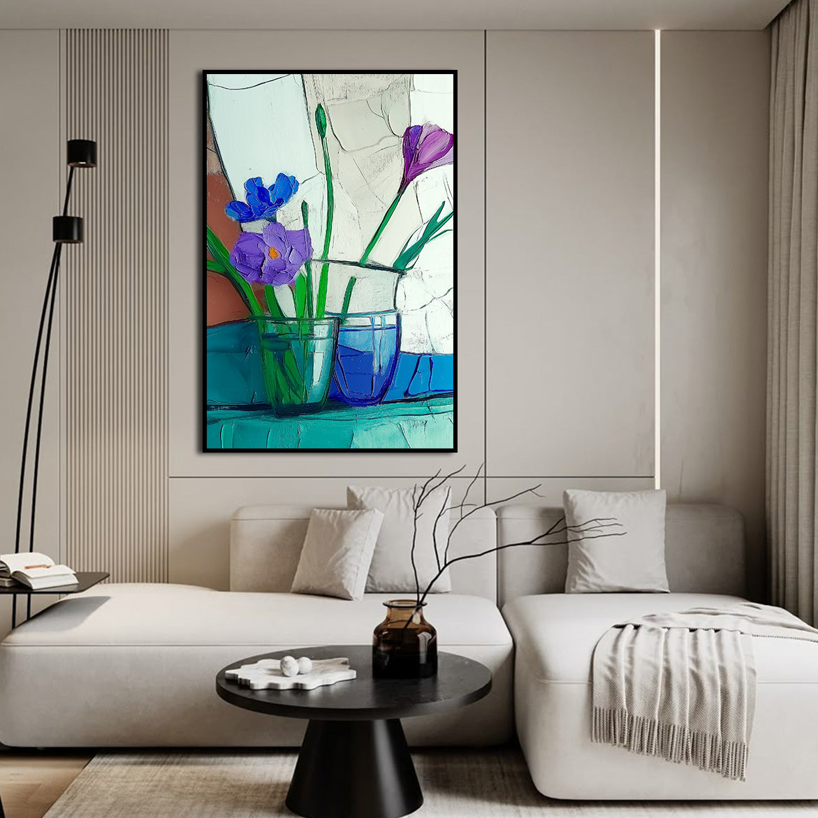 Quiet Arrangement - Blue and Purple Floral Still Life Minimalist Glass Vase Oil Painting