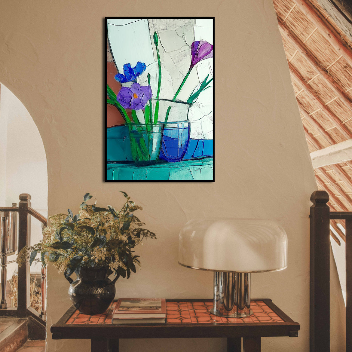 Quiet Arrangement - Blue and Purple Floral Still Life Minimalist Glass Vase Oil Painting
