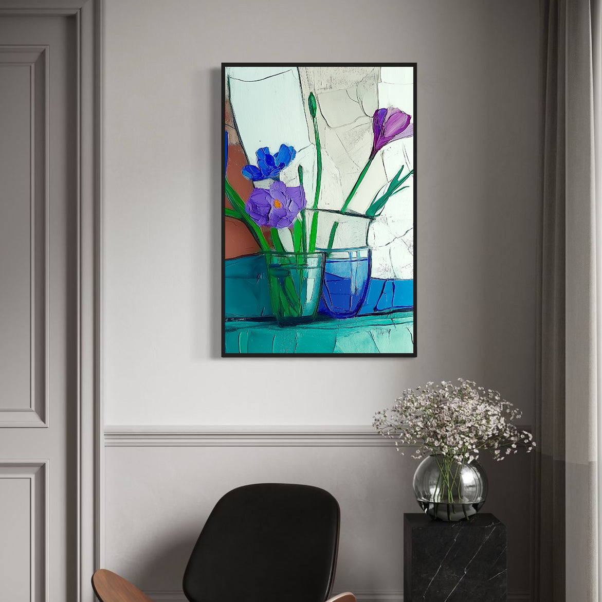 Quiet Arrangement - Blue and Purple Floral Still Life Minimalist Glass Vase Oil Painting