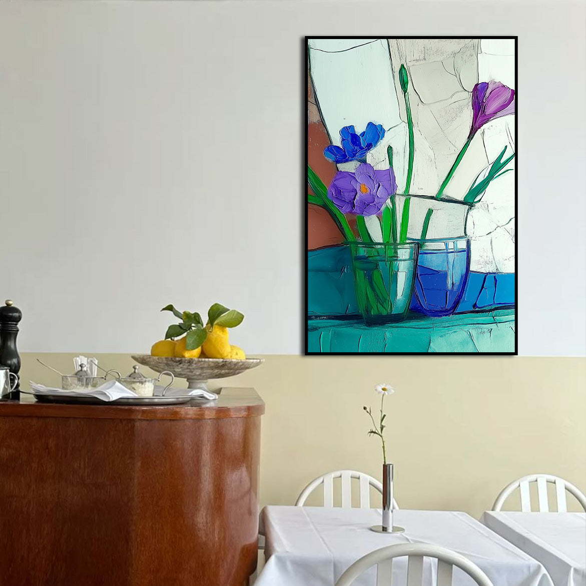Quiet Arrangement - Blue and Purple Floral Still Life Minimalist Glass Vase Oil Painting