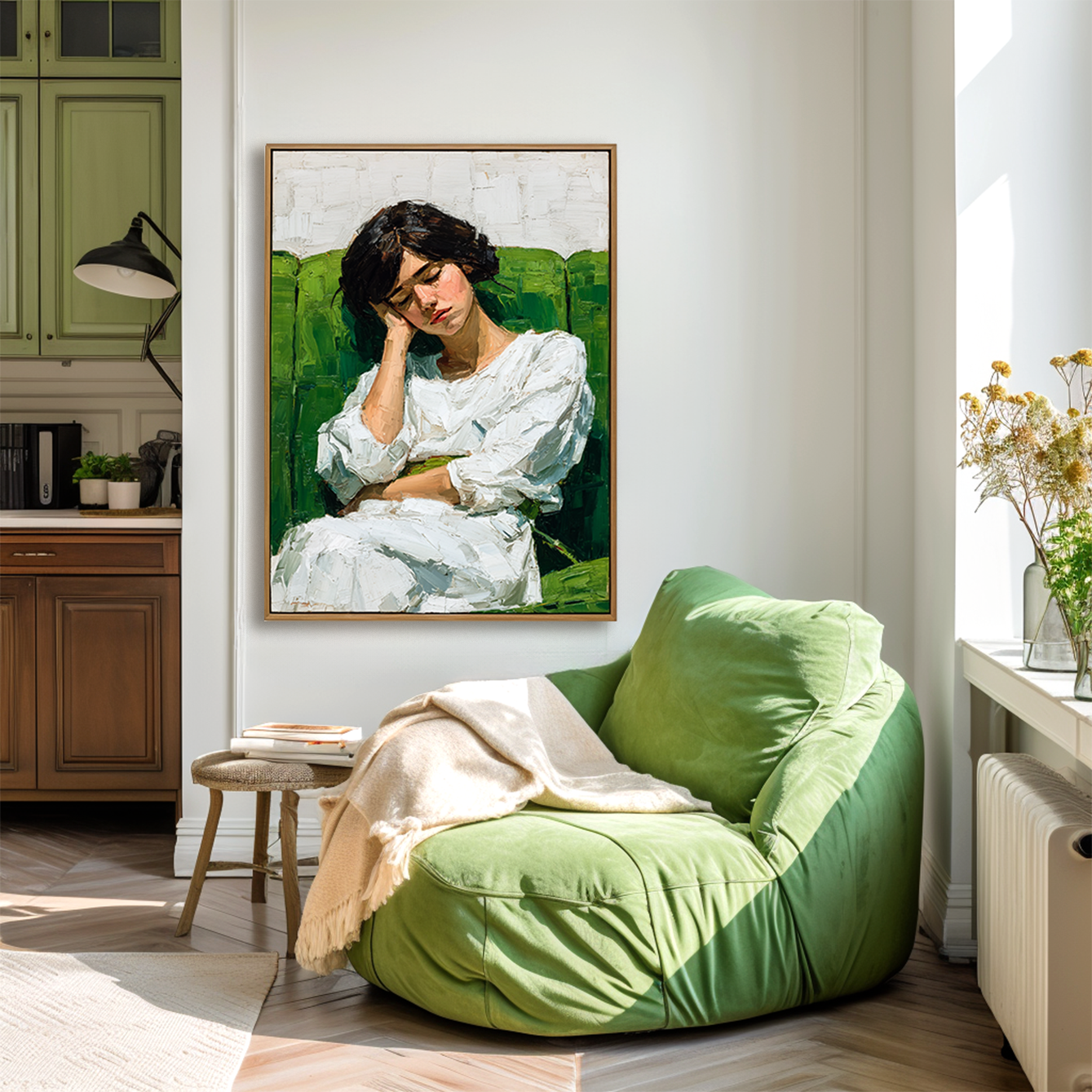 Quiet Hour – Textured Figurative Portrait Painting of Woman on Green Sofa