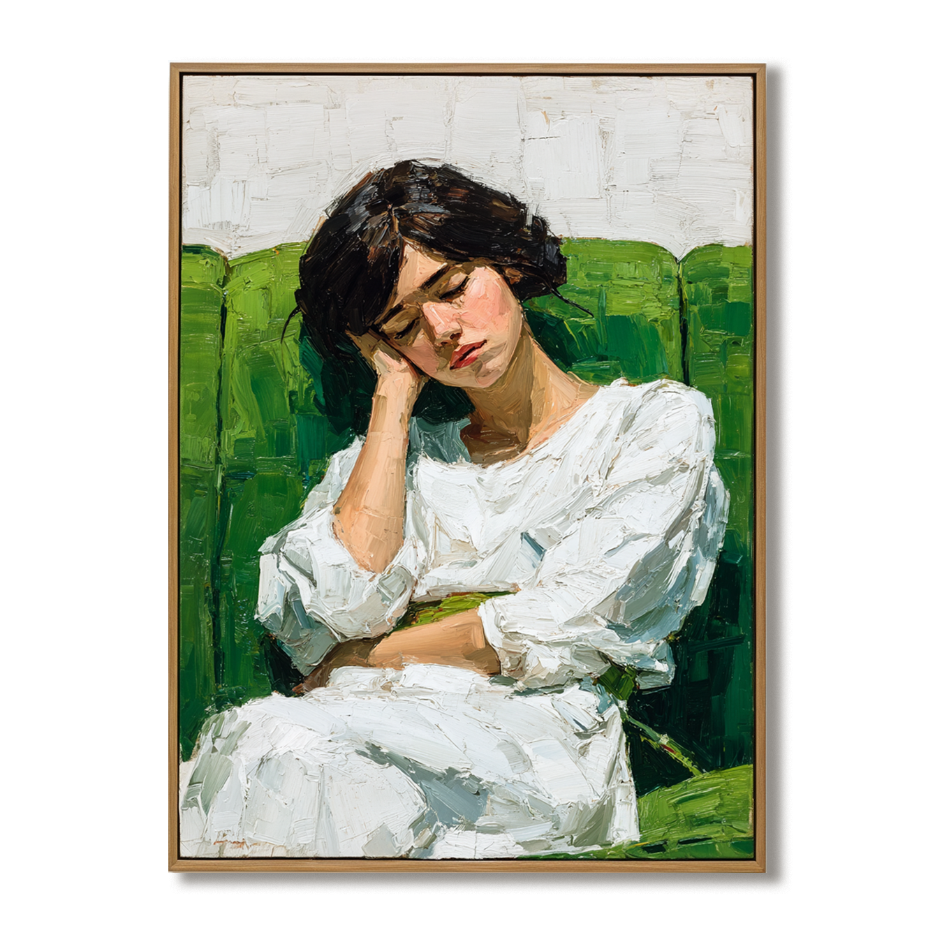 painting of lady in green dress Quiet Hour – Figurative Oil Portrait Painting of Woman on Green Sofa in  White Dress