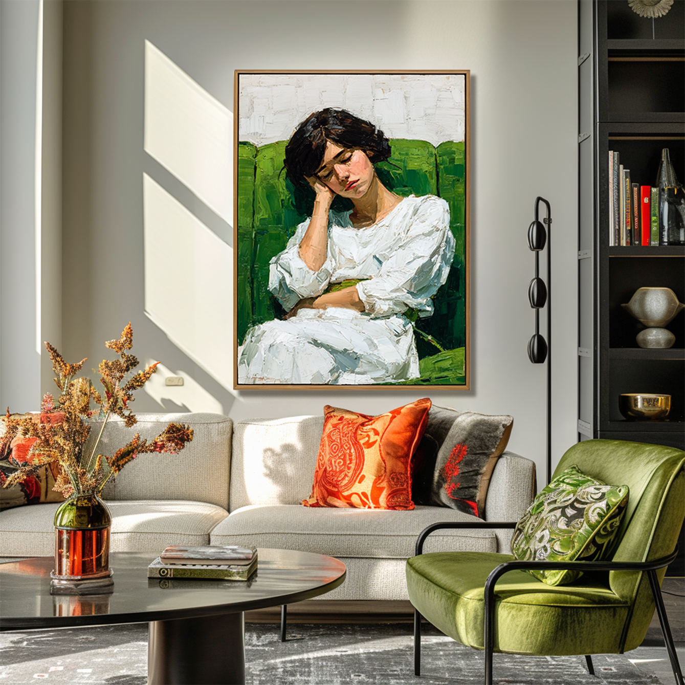 Quiet Hour – Textured Figurative Portrait Painting of Woman on Green Sofa