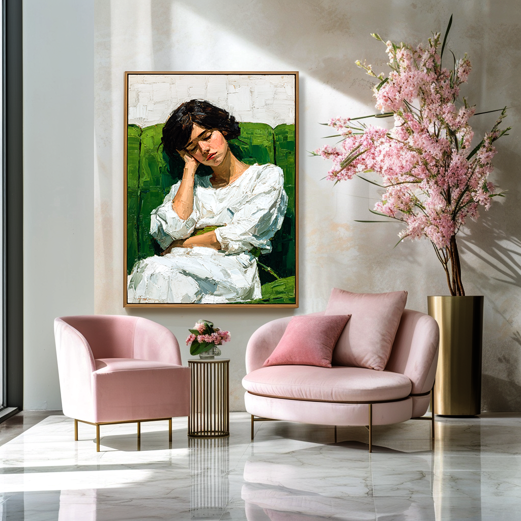 Quiet Hour – Textured Figurative Portrait Painting of Woman on Green Sofa