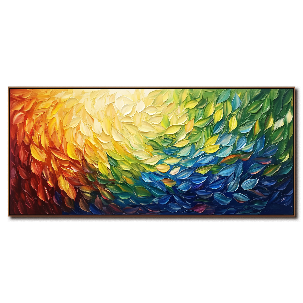 Radiant Cascade: Modern Abstract Rainbow Textured Feather-Like Framed Canvas Art - Long Horizontal Wall Decor for Living Room & Bedroom