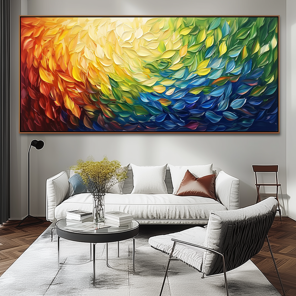 Radiant Cascade: Modern Abstract Rainbow Textured Feather-Like Framed Canvas Art - Long Horizontal Wall Decor for Living Room & Bedroom
