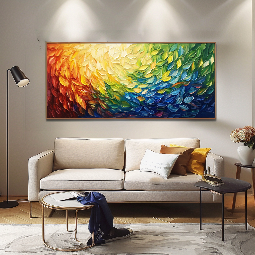 Radiant Cascade: Modern Abstract Rainbow Textured Feather-Like Framed Canvas Art - Long Horizontal Wall Decor for Living Room & Bedroom
