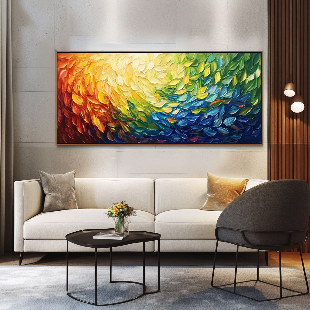 Radiant Cascade: Modern Abstract Rainbow Textured Feather-Like Framed Canvas Art - Long Horizontal Wall Decor for Living Room & Bedroom