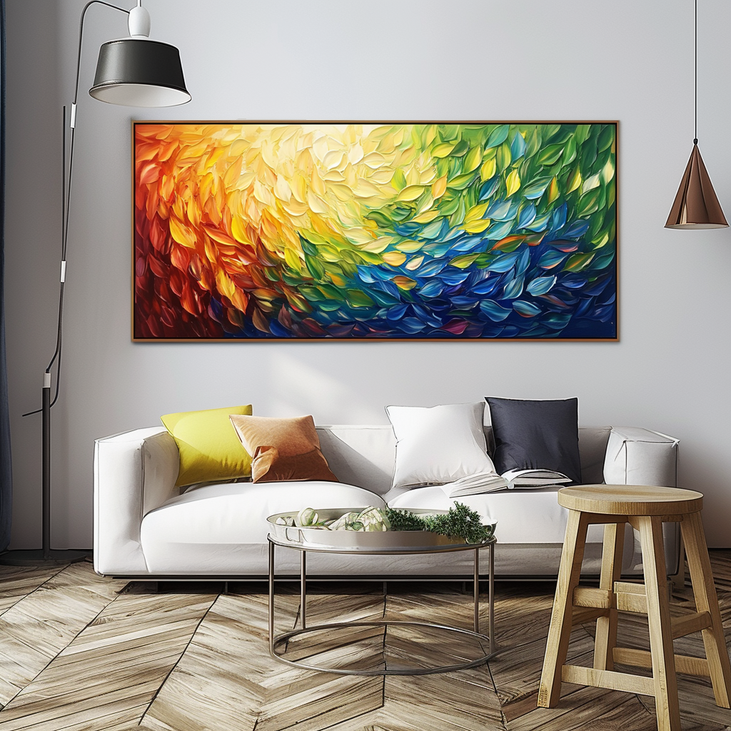 Radiant Cascade: Modern Abstract Rainbow Textured Feather-Like Framed Canvas Art - Long Horizontal Wall Decor for Living Room & Bedroom
