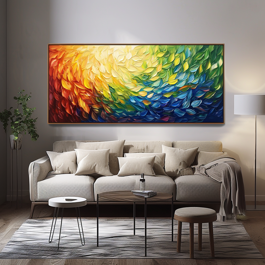 Radiant Cascade: Modern Abstract Rainbow Textured Feather-Like Framed Canvas Art - Long Horizontal Wall Decor for Living Room & Bedroom