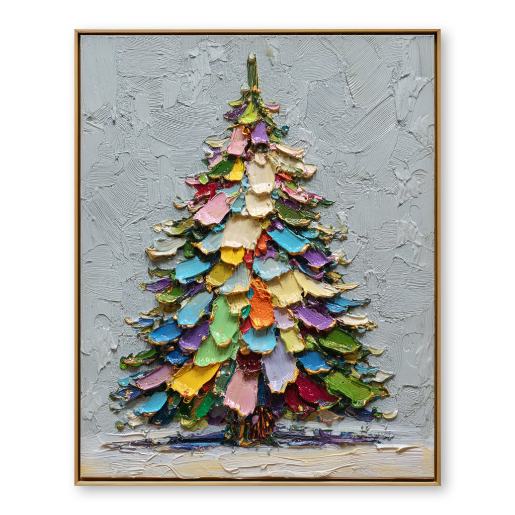 Rainbow Noel - Colorful Christmas Tree Oil Painting, Festive Textured Canvas Wall Art