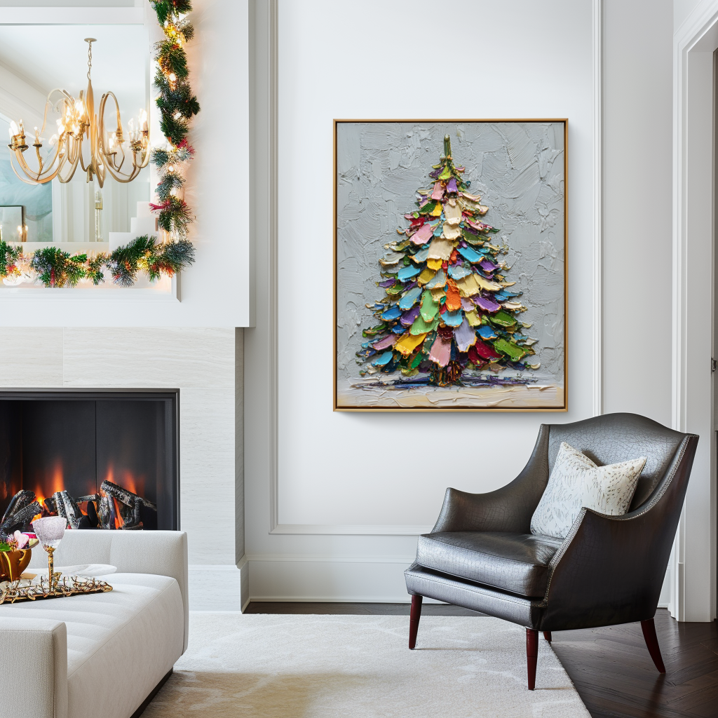 Rainbow Noel - Colorful Christmas Tree Oil Painting, Festive Textured Canvas Wall Art