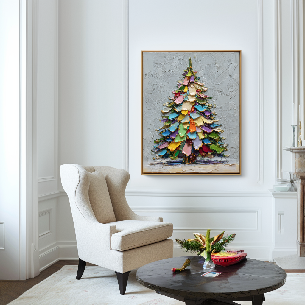 Rainbow Noel - Colorful Christmas Tree Oil Painting, Festive Textured Canvas Wall Art