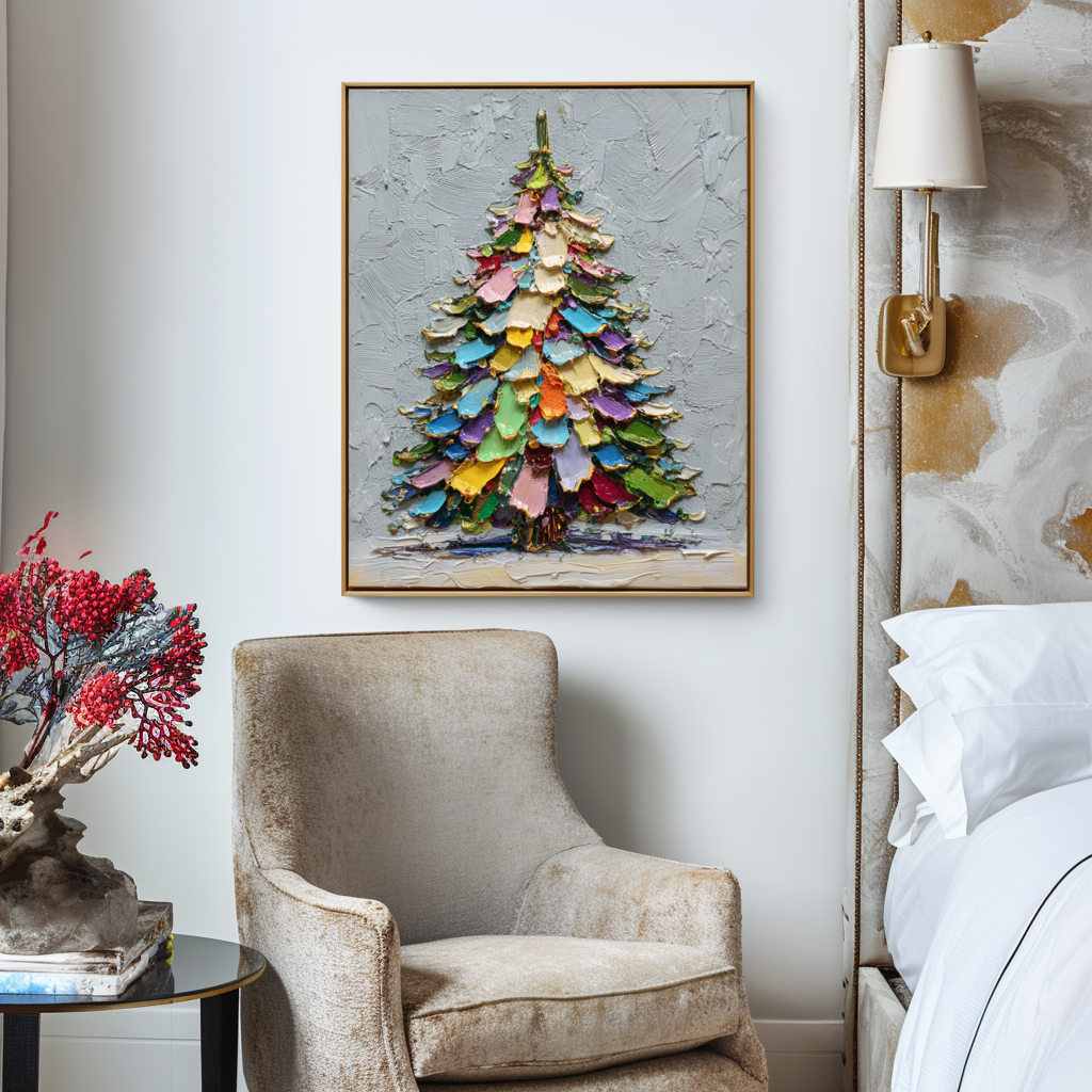 Rainbow Noel - Colorful Christmas Tree Oil Painting, Festive Textured Canvas Wall Art