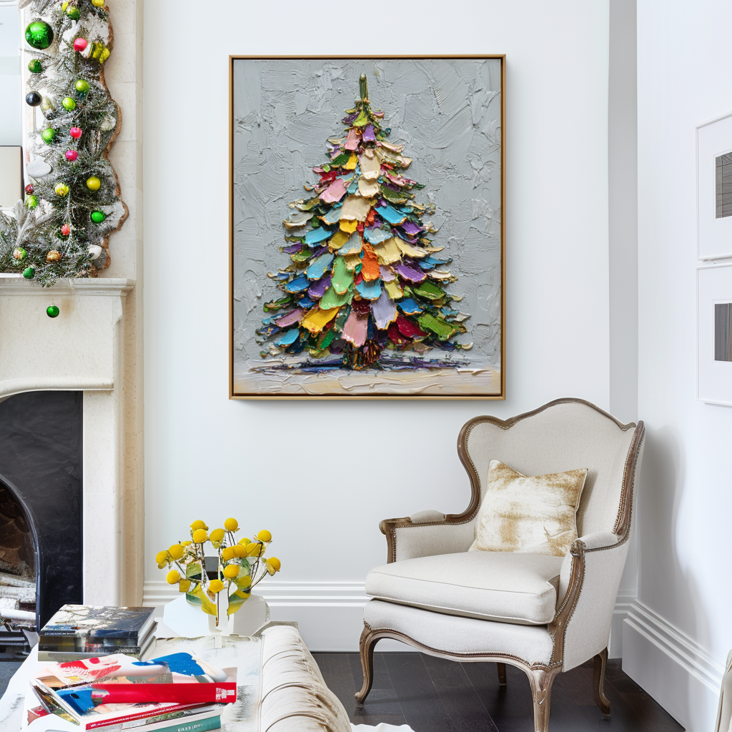 Rainbow Noel - Colorful Christmas Tree Oil Painting, Festive Textured Canvas Wall Art