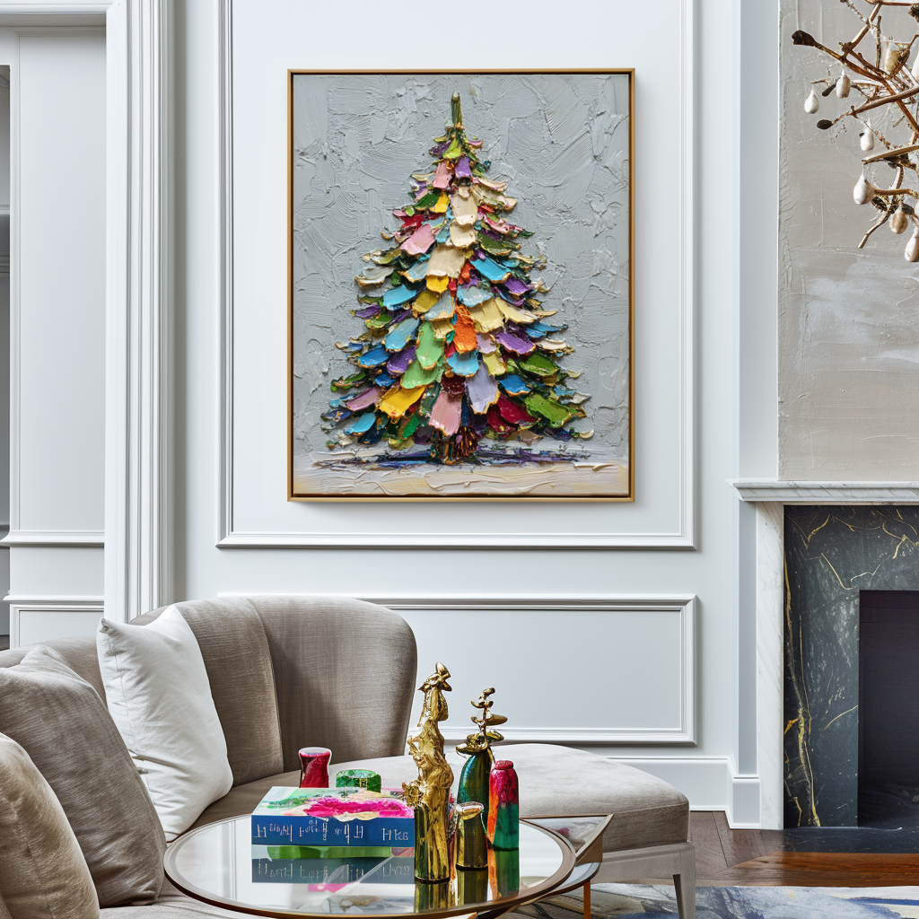 Rainbow Noel - Colorful Christmas Tree Oil Painting, Festive Textured Canvas Wall Art