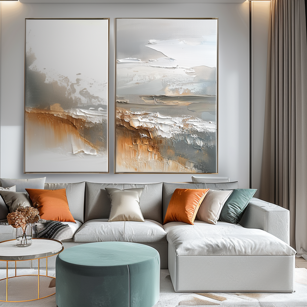 Rustic Horizon - Abstract Textured Modern Art Canvas Painting , Neutral Brown & Grey Tones Wall Art for Home Decor