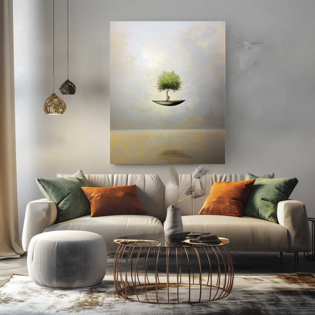 Sanctuary Afloat – Surreal Floating Tree Painting Conceptual Dreamlike Wall Art
