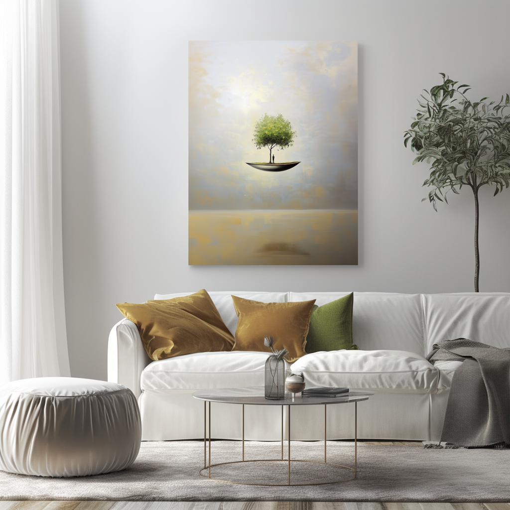 Sanctuary Afloat – Surreal Floating Tree Painting Conceptual Dreamlike Wall Art