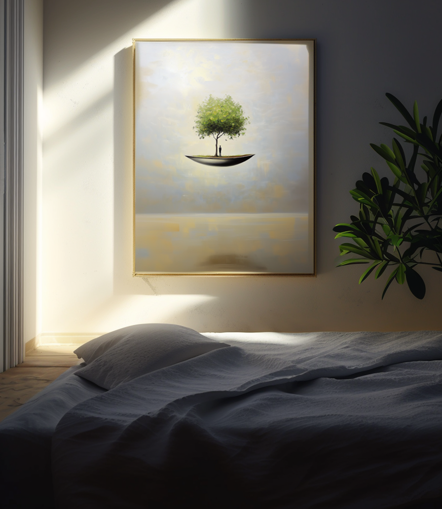 Sanctuary Afloat – Surreal Floating Tree Painting Conceptual Dreamlike Wall Art