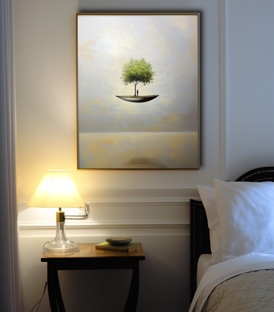 Sanctuary Afloat – Surreal Floating Tree Painting Conceptual Dreamlike Wall Art