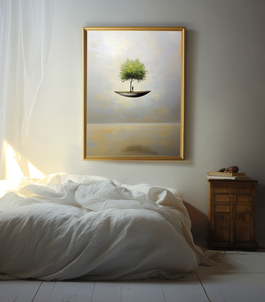 Sanctuary Afloat – Surreal Floating Tree Painting Conceptual Dreamlike Wall Art