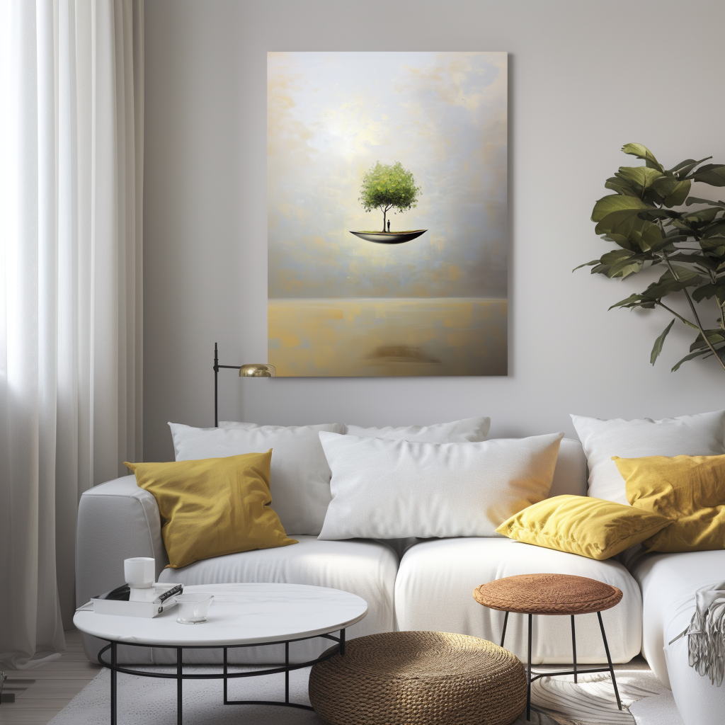 Sanctuary Afloat – Surreal Floating Tree Painting Conceptual Dreamlike Wall Art