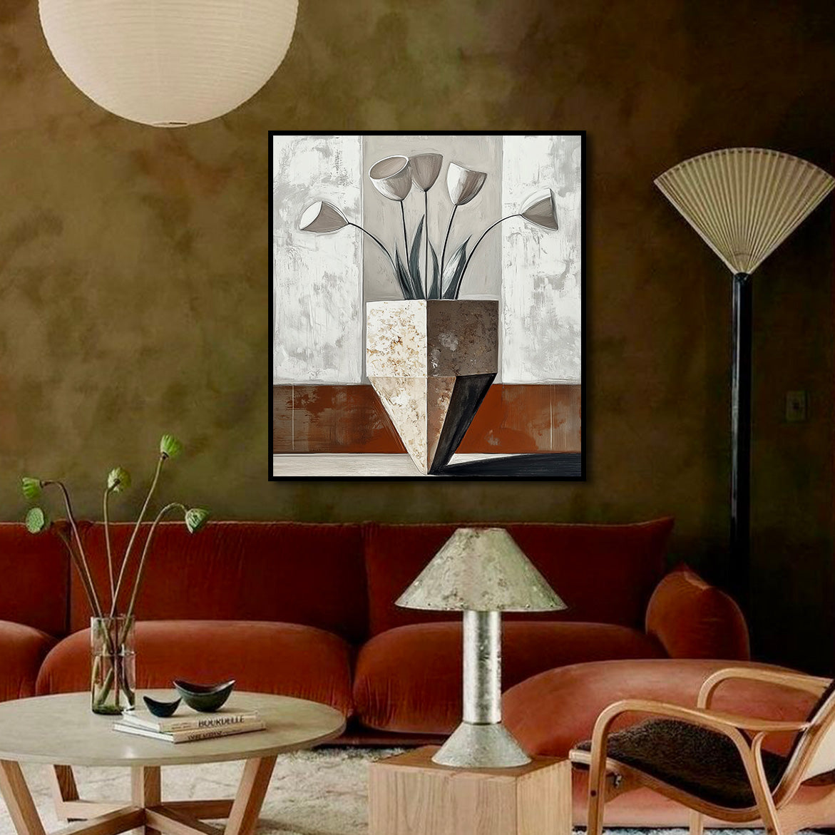 Sculpted Bloom - Geometric Minimalist Floral Painting Neutral Beige Brown Wall Art