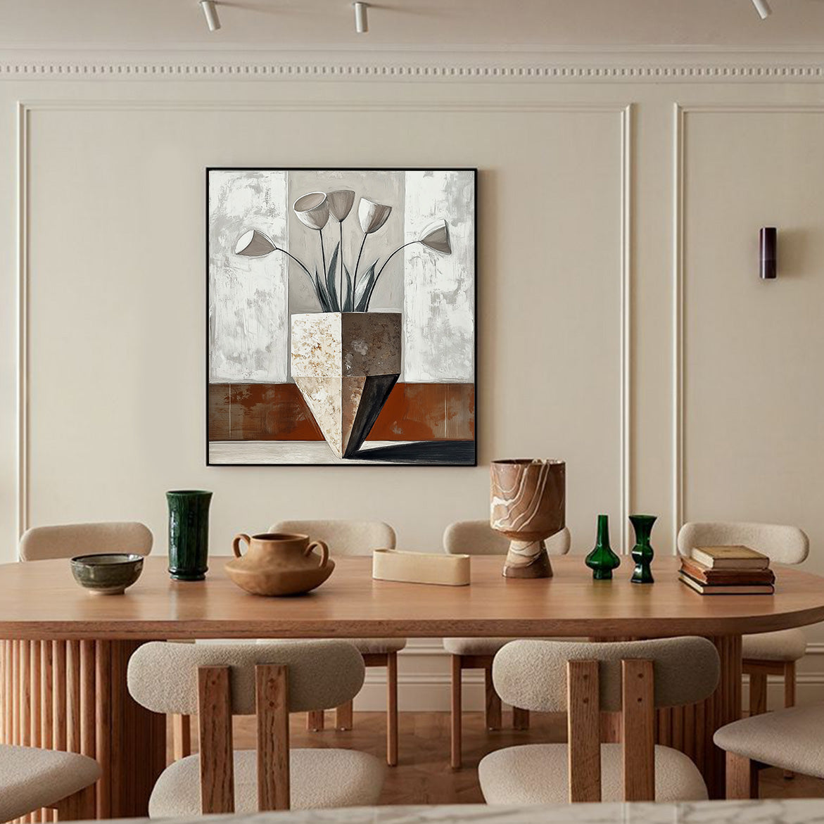 Sculpted Bloom - Geometric Minimalist Floral Painting Neutral Beige Brown Wall Art