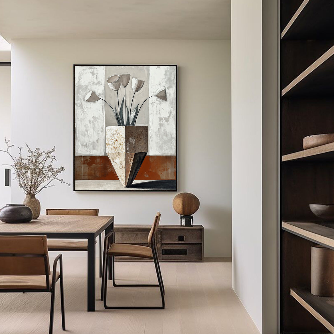 Sculpted Bloom - Geometric Minimalist Floral Painting Neutral Beige Brown Wall Art