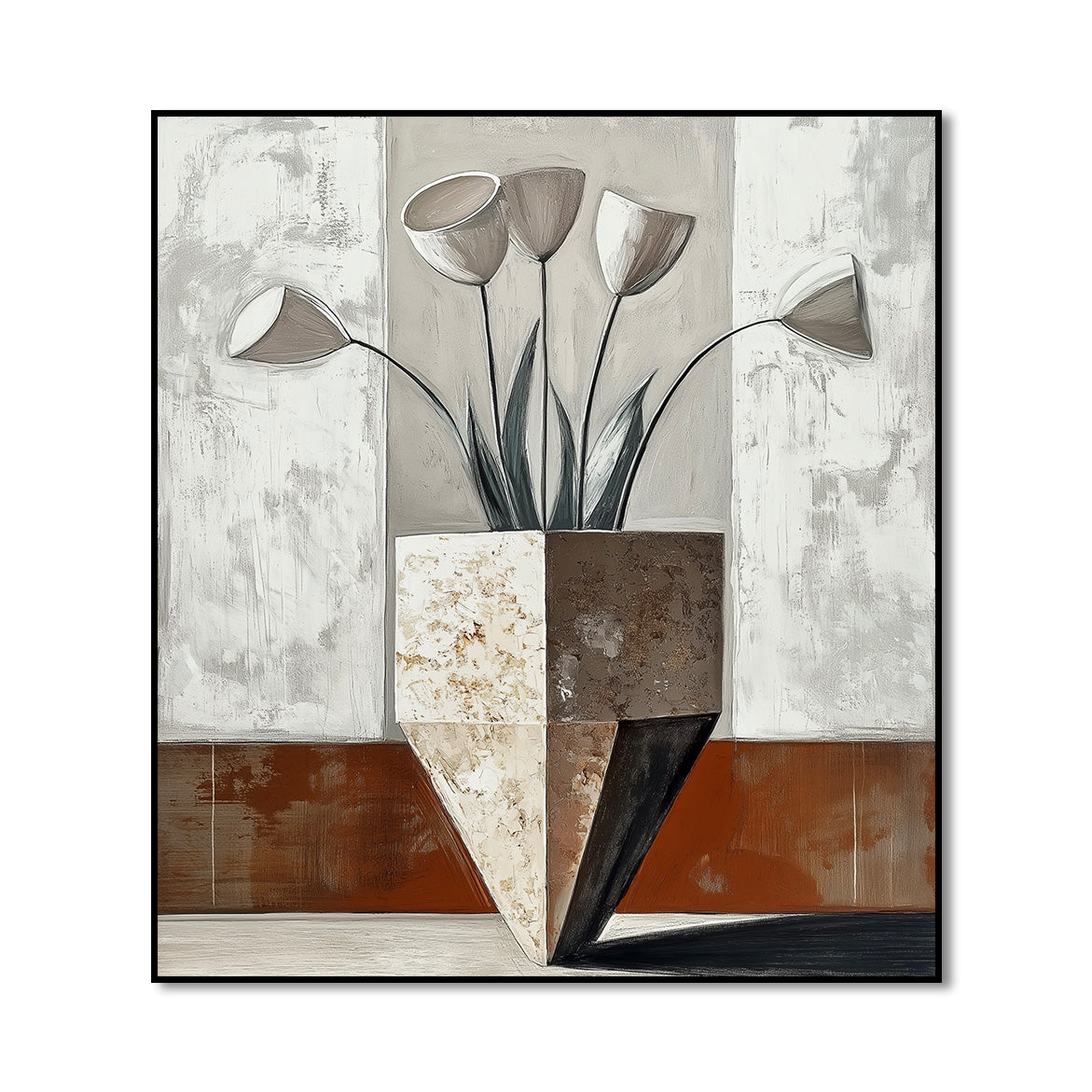 Sculpted Bloom - Geometric Minimalist Floral Painting Neutral Beige Brown Wall Art