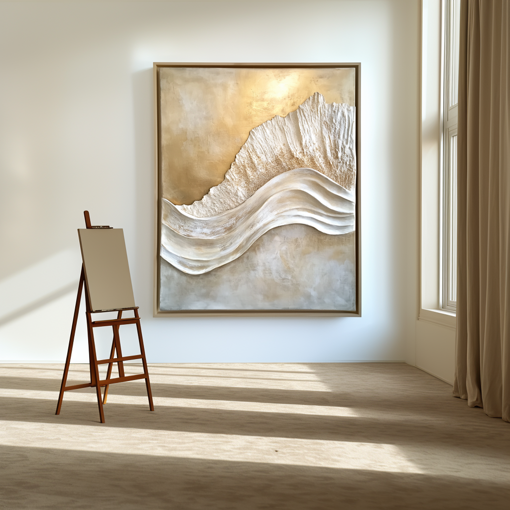 Sculpted Light – Textured Abstract Wall Art Golden Wave Canvas Wabi Sabi Vertical Decor