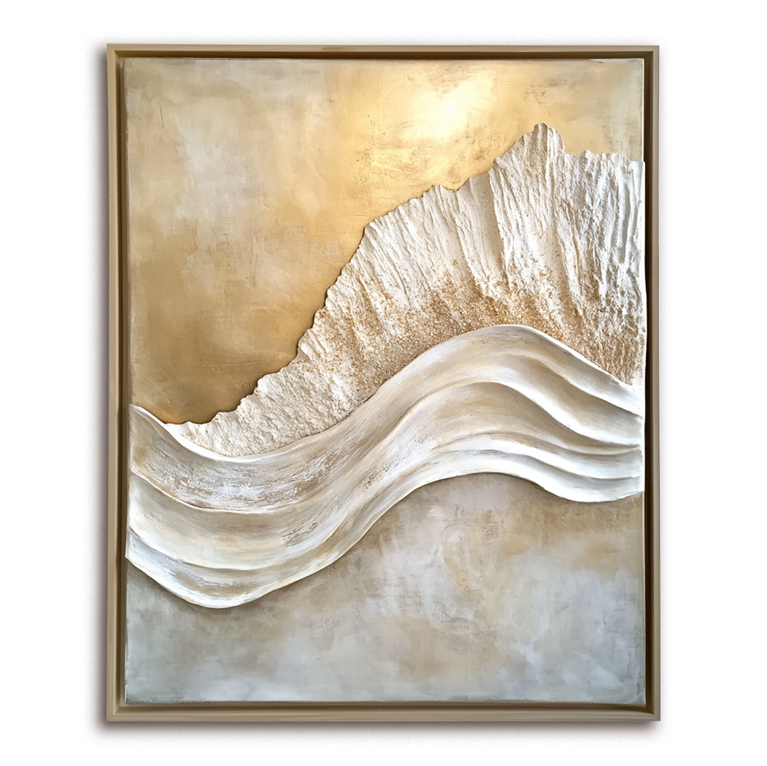 Sculpted Light – Textured Abstract Wall Art Golden Wave Canvas Wabi Sabi Vertical Decor