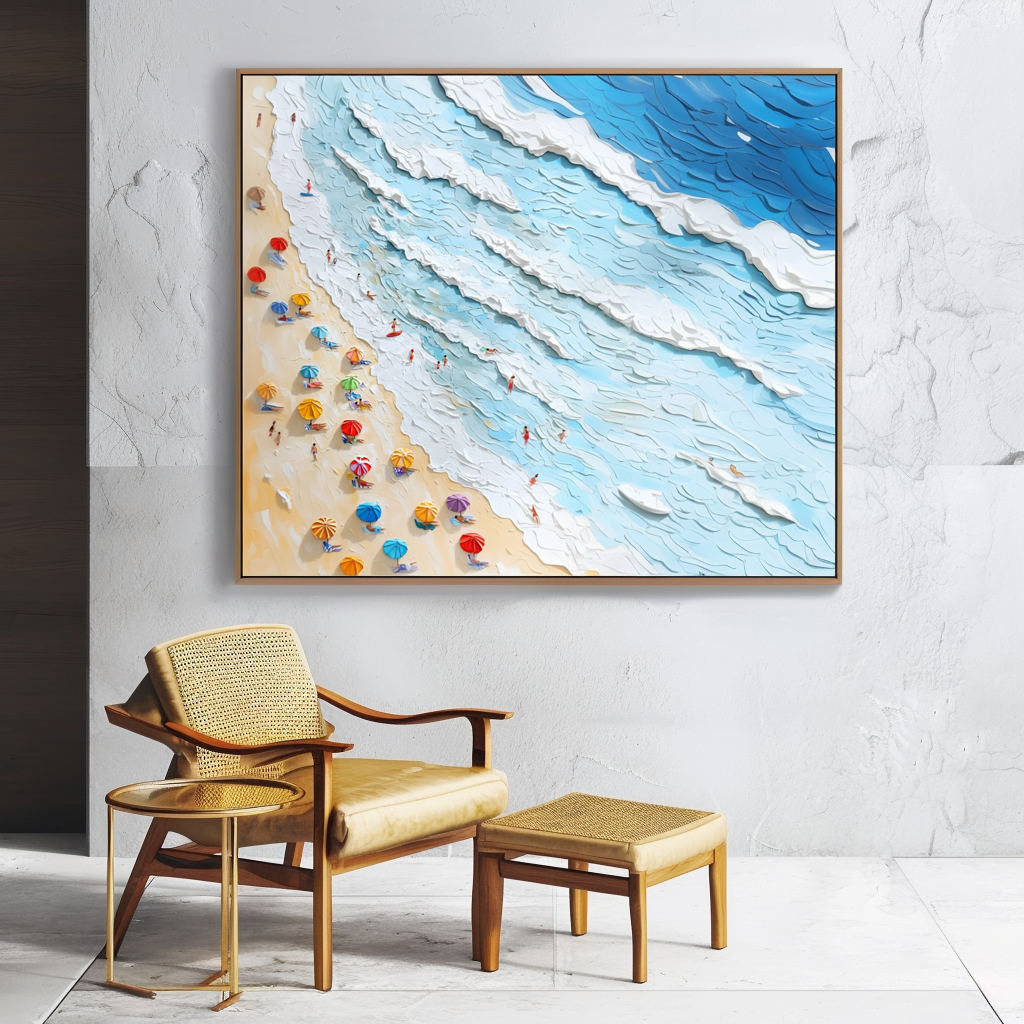 Seaside Whispers-Impasto Beach Scene Oil Painting - Framed Square Wall Art with Colorful Umbrellas & Textured Ocean Waves, Summer Coastal Decor for Living Room & Bedroom