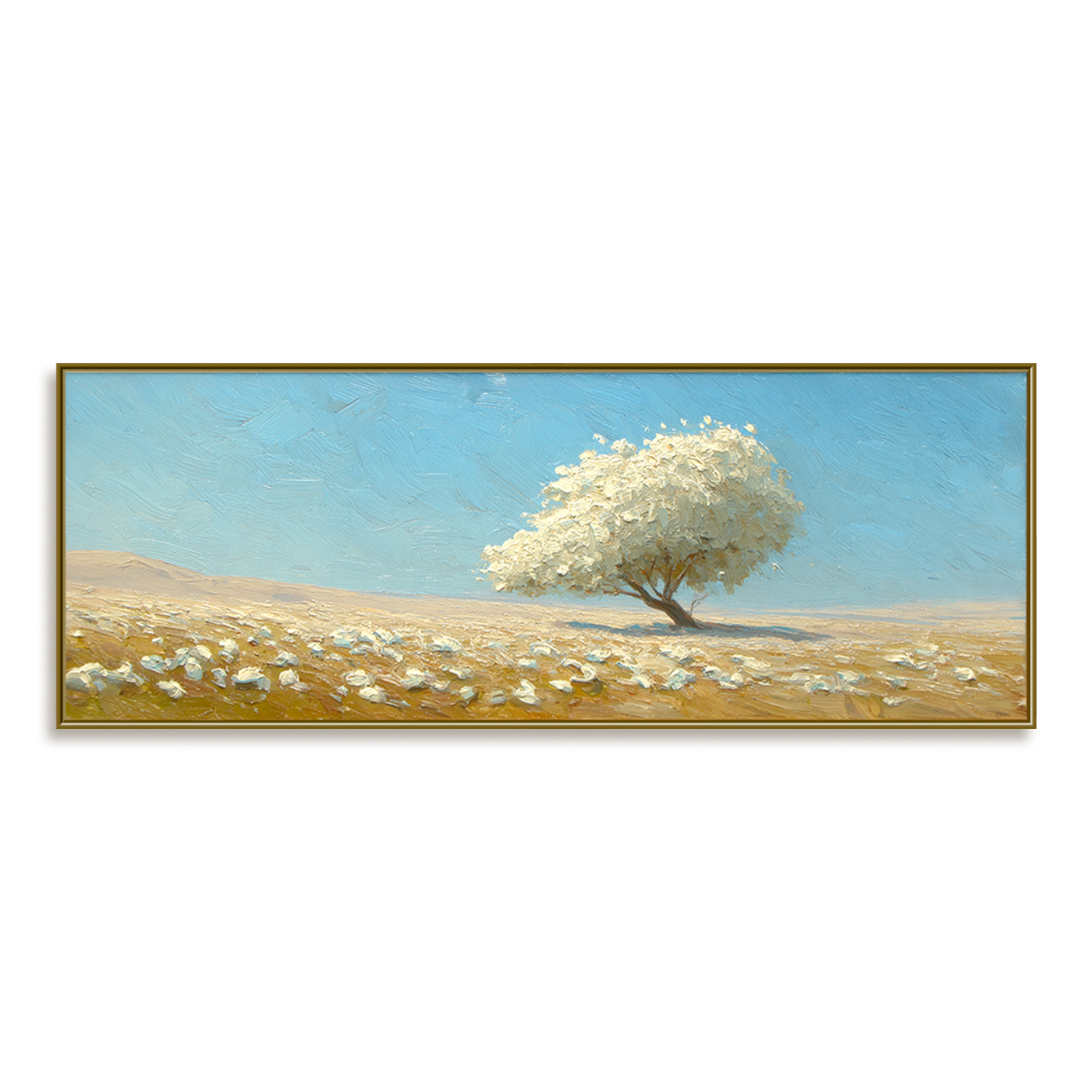 Large horizontal white tree landscape painting with rich texture, perfect for modern living room or bedroom wall decor.