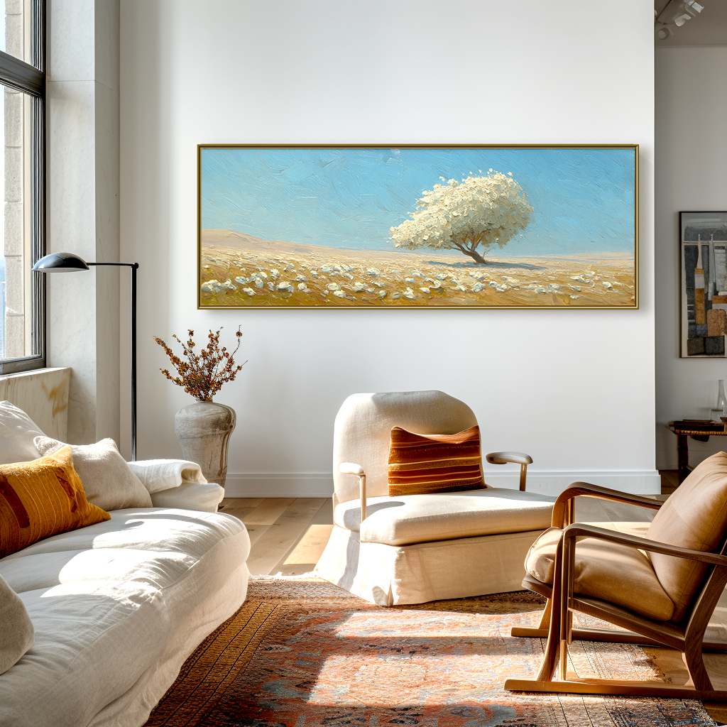 Serene White Tree Landscape – Large Textured Abstract Wall Art for Modern Living Room Decor