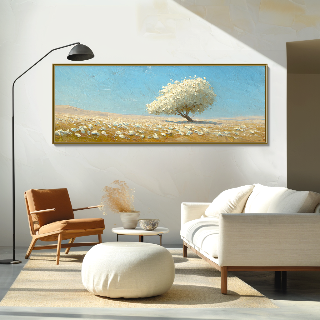 Serene White Tree Landscape – Large Textured Abstract Wall Art for Modern Living Room Decor