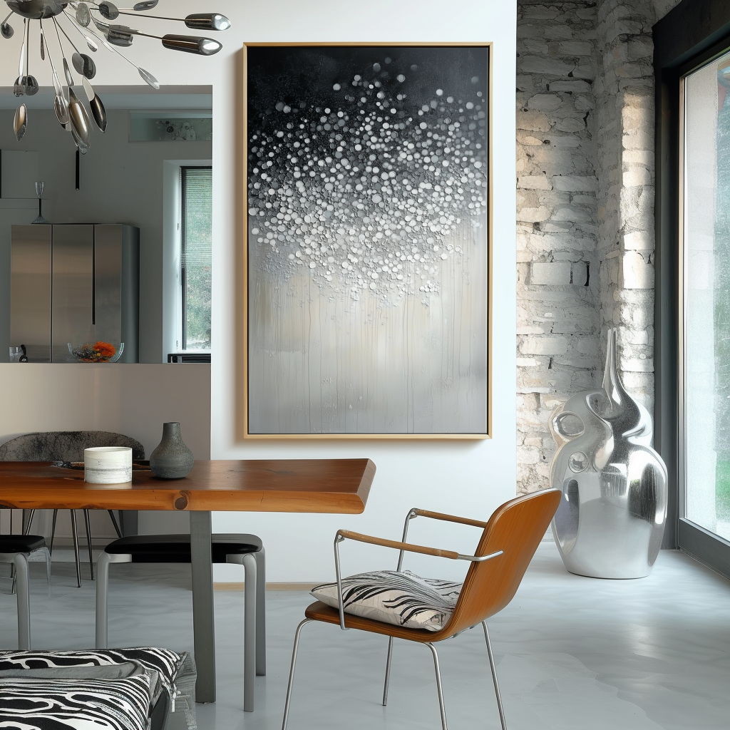 Silent Bloom-Textured Black White Abstract Oil Painting - Sparkling Dots Modern Home Art