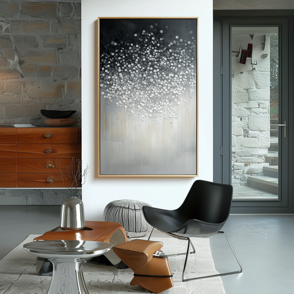 Silent Bloom-Textured Black White Abstract Oil Painting - Sparkling Dots Modern Home Art