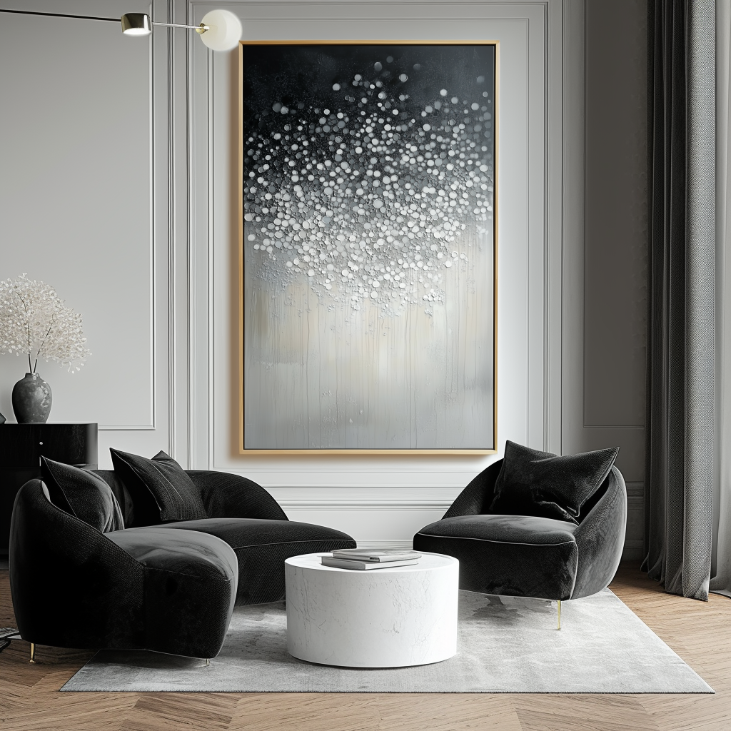 Silent Bloom-Textured Black White Abstract Oil Painting - Sparkling Dots Modern Home Art
